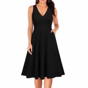 Women’s Sleeveless V Neck Vintage Pockets Swing Business Church Dress